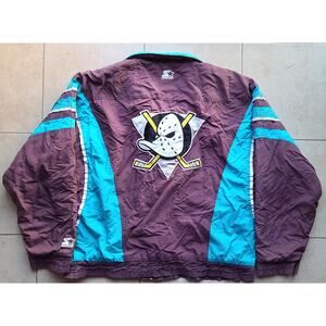 Anaheim Mighty Ducks 90s STARTER puffer Disney jacket L purp teal NHL hockey vtg